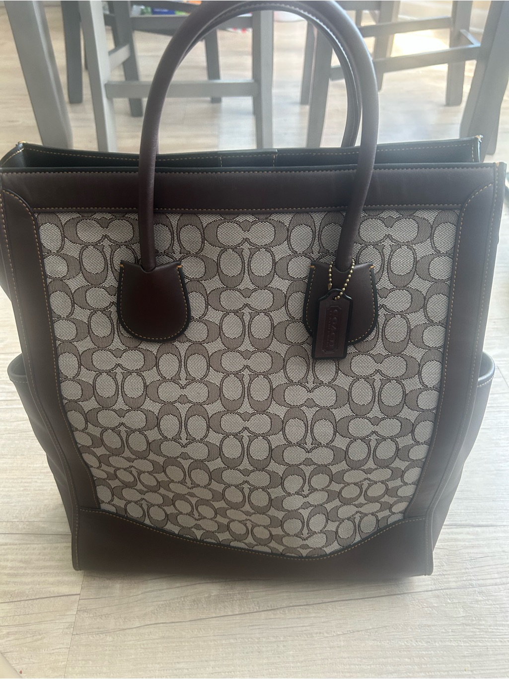 Coach Brown Signature Canvas Tote With Dark Brown Leather Trim